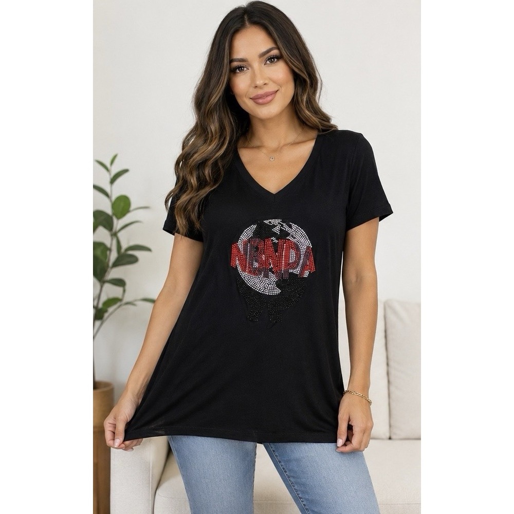 Zenana Outfitters Women Large V-Neck T-Shirt Black Rhinestone Nevada Globe Bling